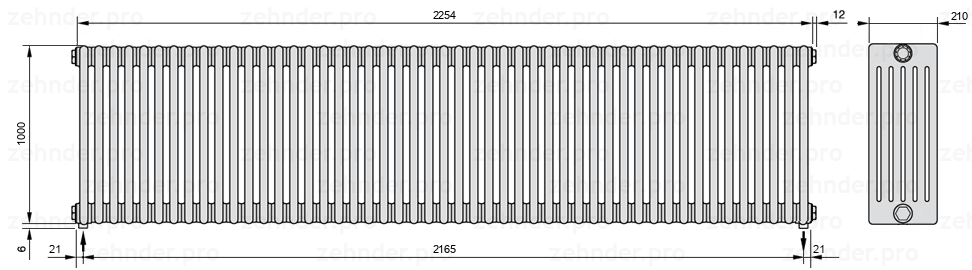 Схема (чертеж) Радиатор Zehnder Charleston 6100/49 №3570 Белый глянцевый RAL 9016